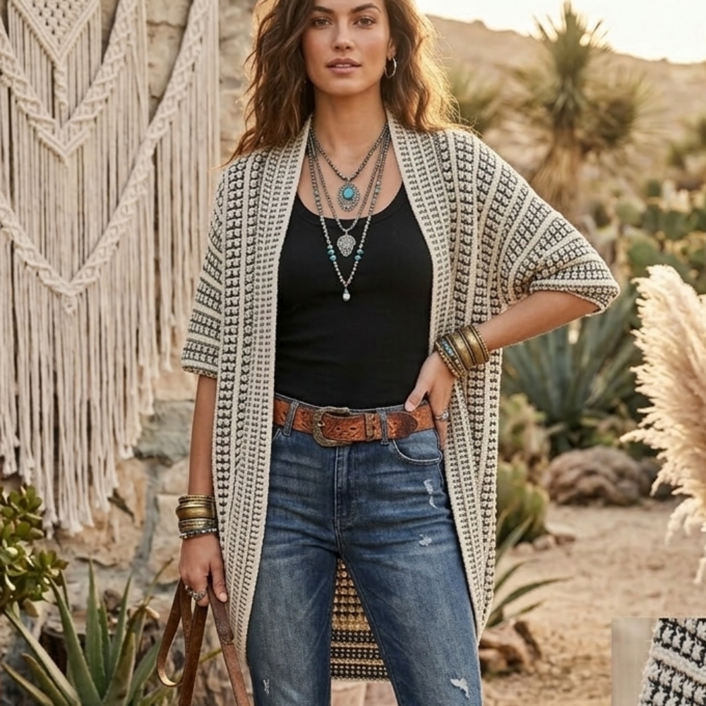 LA Made Cream and Black Knit Open-Front Cardigan